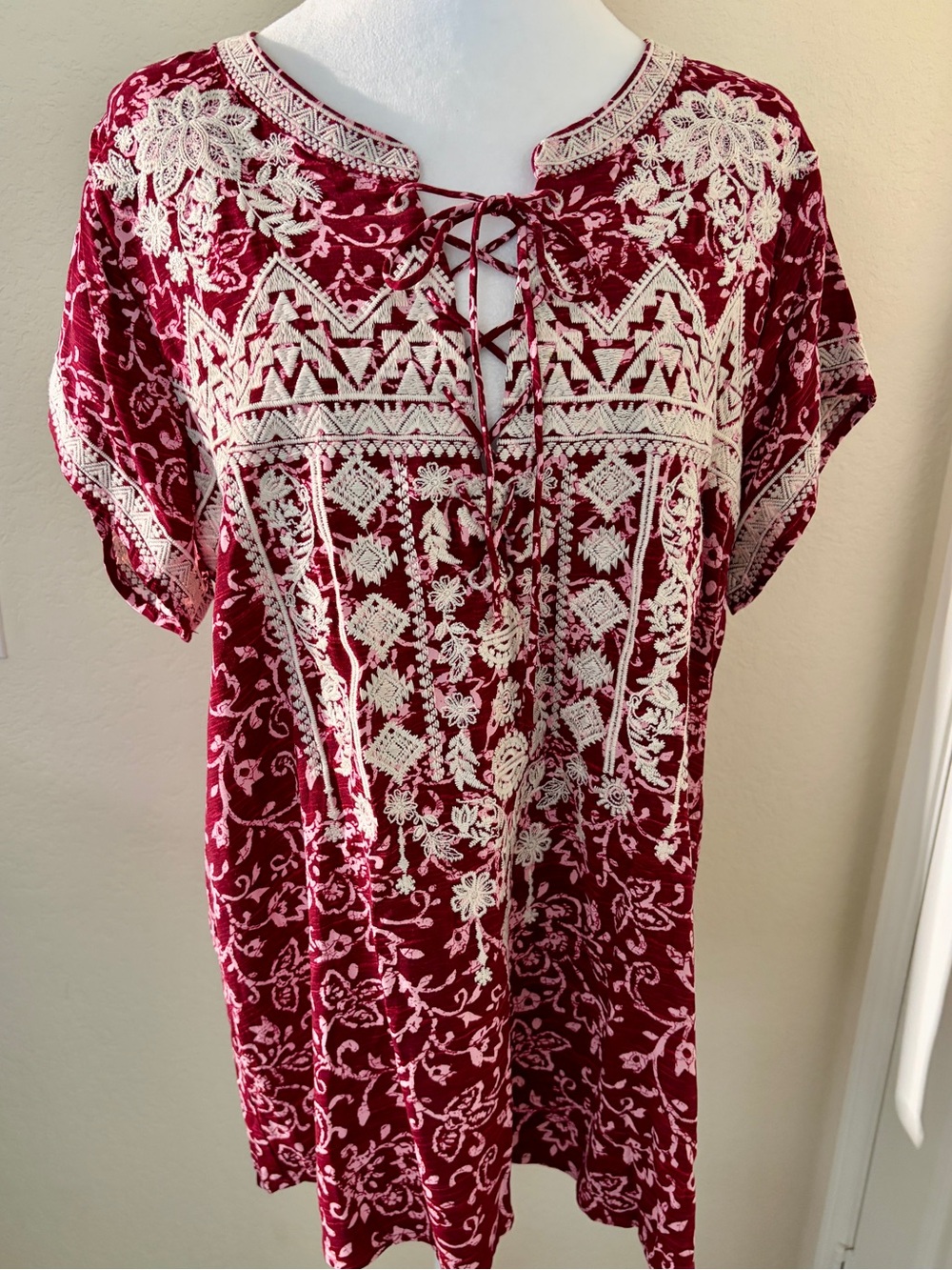 Savanna Jane Burgundy Tunic with Cream Embroidered Detail & Lace Up Front